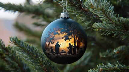 Beautiful Christmas Ornament Depicting Nativity Scene with Silhouettes of Mary, Joseph, and Baby Jesus against a Stunning Background of Trees and Warm Colors