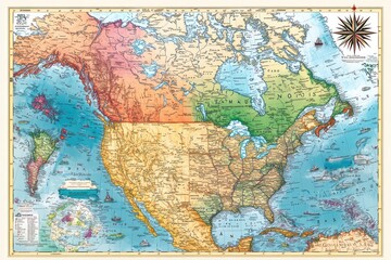 Antique Hand Drawn Map of North America Depicting Historical Details