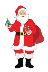 Decorated Christmas Santa with a gift bag illustration on white background.