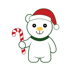 Vector Outline of a Bear Cub Holding a Candy Cane and Wearing a Santa Hat on a White Background