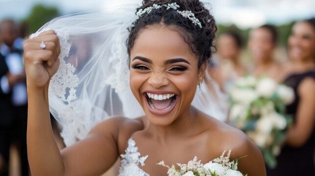 A vibrant bride with an intricate lace dress smiles widely, raising her fists in excitement, capturing the exuberance and happiness of her wedding celebration.