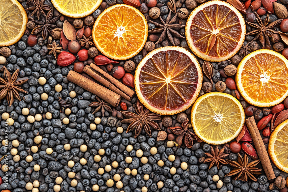 Poster a vibrant display of dried fruits and a variety of spices is artistically arranged on a textured sur