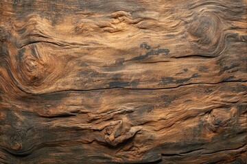 Naklejka premium A textured wooden surface with rich brown tones, showcasing natural patterns and grain variations.