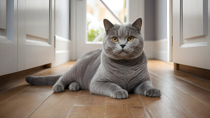 A cute gray cat relaxes on a cushion on the floor, its soft fur resting peacefully. The cozy home setting adds warmth, capturing the cat's calm and content expression