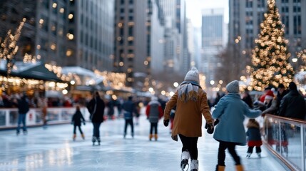 Fototapeta premium Families and friends joyfully ice skating on a holiday-themed rink, surrounded by decorative lights and city skyscrapers, capturing the spirit of community and fun.