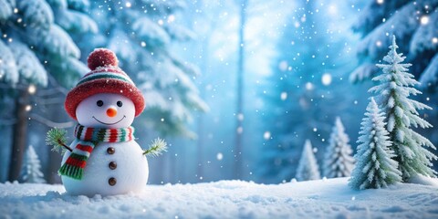 Fototapeta premium A cheerful snowman smiles in a snowy winter wonderland, adorned with a red hat and scarf, surrounded by frosted evergreen trees.