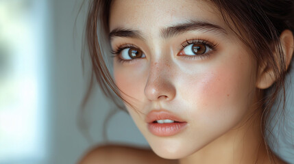 A soft-focus close-up portrait highlighting the natural beauty of a woman with glowing skin and delicate features in natural light.