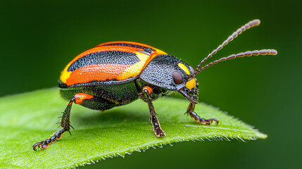 Fototapeta premium Colorful Macro View of a Vibrant Insect on a Leaf with Detailed Texture and Unique Patterns in a Lush Green Natural Environment