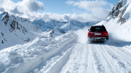 A bold red car drives through a winding mountain pass covered in snow, representing freedom, exploration, and the excitement of a winter road trip journey.