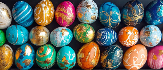 Vertical image. Top view easter colorful eggs. Modern creative style. Happy Easter concept.For design, banner, poster, menu, print, poster, interior, flyer