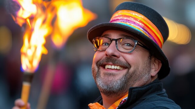 A cheerful fire performer beams with enthusiasm as he dazzles the onlookers with his fiery skills at a vibrant night festival underscoring energy and artistry.