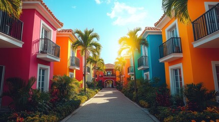 Fototapeta premium Vibrant Tropical Resort: Sun-Drenched Colorful Buildings