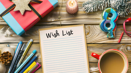 on the table there is a notepad with an inscription on a blank piece of paper wish list, a pen and a cup of coffee, the number 8 for a birthday, planning a list of desired gifts
