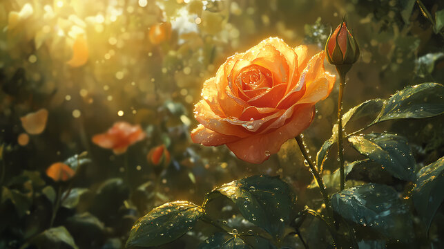 Softly lit, dew-kissed rose petals unfold amidst lush greenery, bathed in the warm, golden light of a serene morning. Dew-Kissed Morning Petals. Illustration