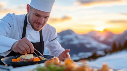 A cheerful chef in a professional kitchen garnishes a meticulously arranged dish, set against a breathtaking snow-capped mountain range during sunset. Culinary excellence.
