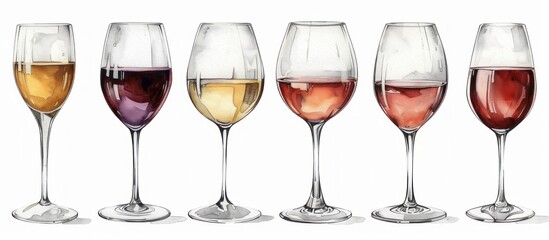 Six Wine Glasses with Different Types of Wine