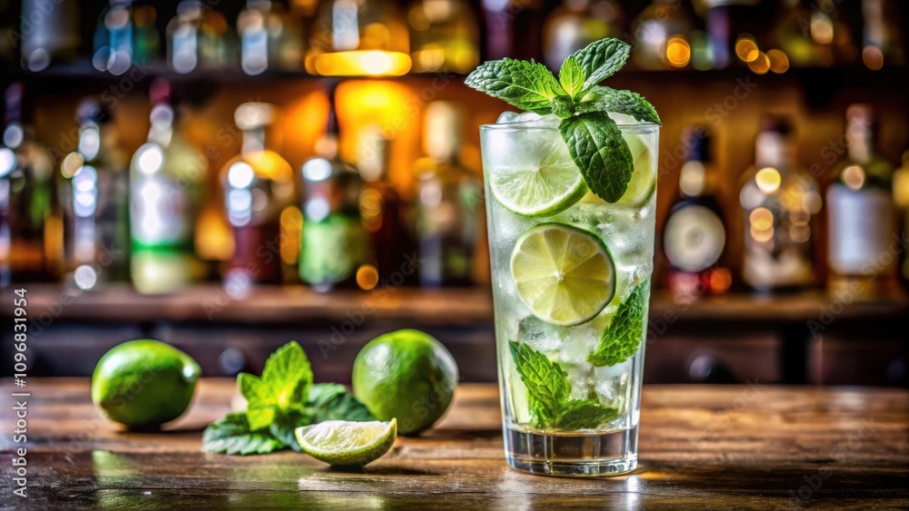 Poster a refreshing mojito cocktail garnished with fresh mint and lime slices, placed on a wooden counter i