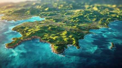 Fototapeta premium Lush Green Island Coastline Surrounded By Turquoise Ocean Waters