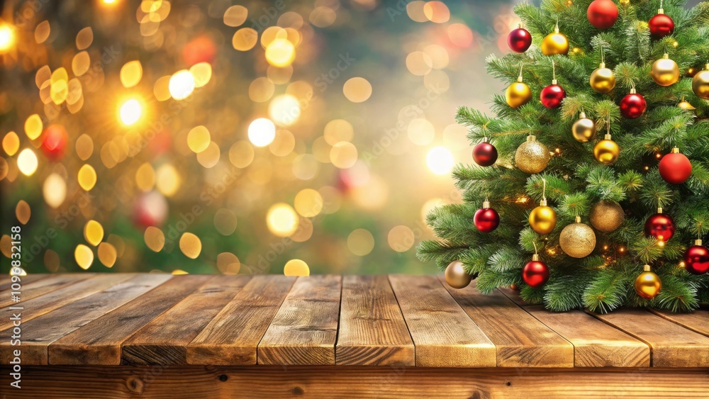 Poster A Rustic Wooden Table with a Christmas Tree in the Background and a Sparkling Blur of Lights