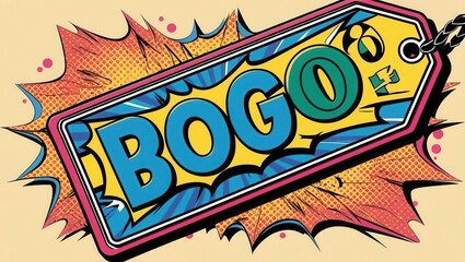 A vibrant "BOGO" sale tag, featuring bright colors and comic-style graphics, promoting a buy-one-get-one-free offer.