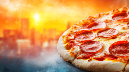 Delicious Pepperoni Pizza on a Colorful Sunset Background with Urban Cityscape