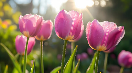 Obraz premium Close-up of dew-kissed tulip petals glistening in the early morning sun, capturing the beauty of nature. Dew-Kissed Morning Petals. Illustration