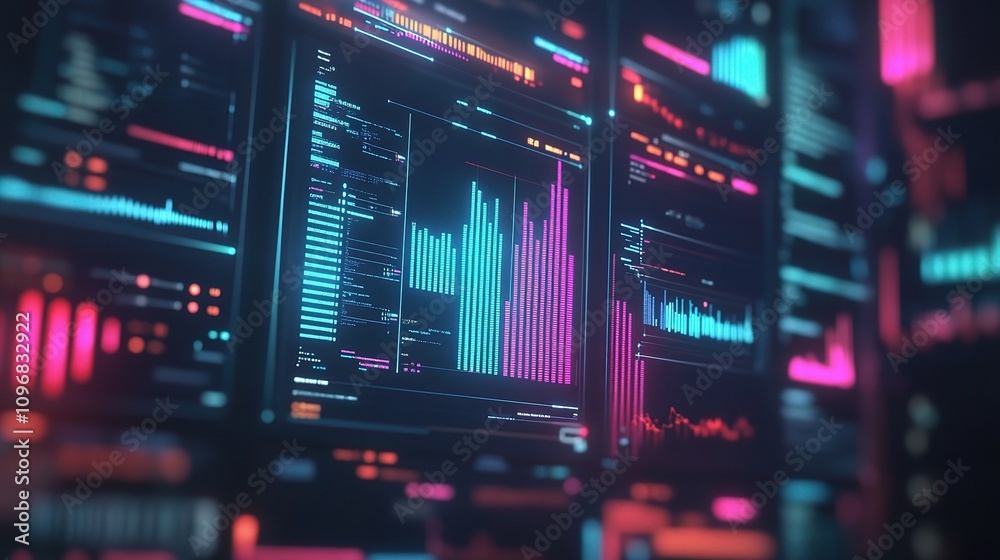 Poster futuristic digital interface with colorful data visualization and graphics for creative software dev