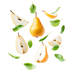 Obraz premium Ripe Fresh Pear Fruit with Half Slice and Green Leaves Isolated on White and Transparent Background - Summer Seasonal Illustration