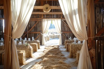 A picturesque barn wedding adorned with white drapes and rustic hay bales, creating a charming and elegant atmosphere. A rustic barn setting with hay bales and white linen drapes 
