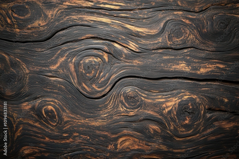 Poster a close-up view of textured wood with dark tones and intricate grain patterns, showcasing natural be