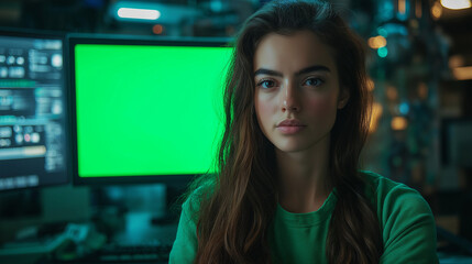 A focused young woman in a tech workspace with vibrant green screens and modern equipment in the background, symbolizing innovation.