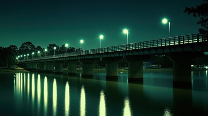 Fototapeta premium A serene night view of a bridge illuminated by streetlights, reflecting in calm water.