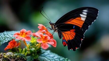 Obraz premium A striking black and orange butterfly resting on lush green foliage, surrounded by vibrant red flowers, creating a captivatingly colorful and natural display.
