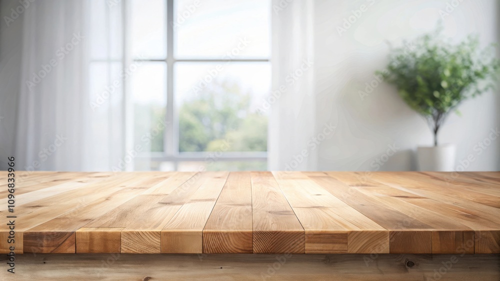 Poster empty wooden table top with blurred background of a window with white curtains and a potted plant in