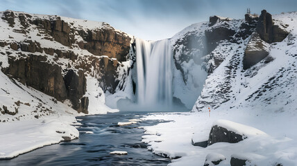 A waterfall surrounded by snow-dusted rocks