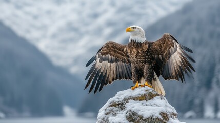Majestic Bald Eagle with Wings Spread on Snowy Rock