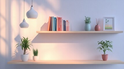 Shelves Decor: Minimalist Home Interior Design with Plants, Books, and Lights