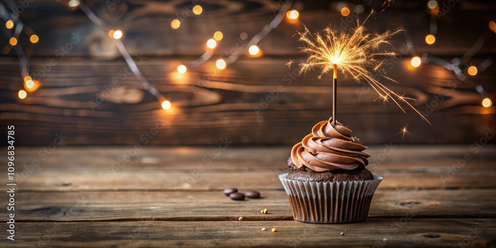 Poster A single chocolate cupcake with a sparkler on top, resting on a wooden table with festive string lights in the background.