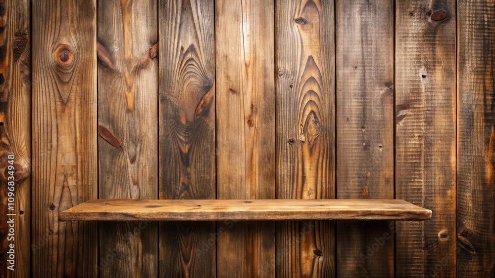 Poster a rustic wooden shelf against a backdrop of weathered woodgrain texture, offering a natural and time