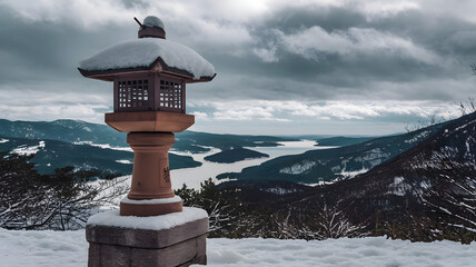 Obraz premium A snow-covered lantern standing on a stone pedestal