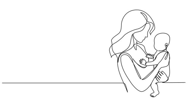 animated continuous single line drawing of mother holding her baby on arm, line art animation