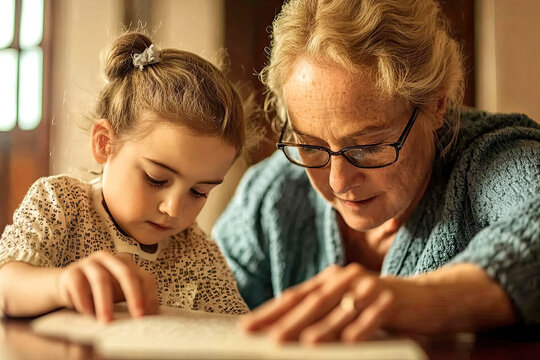 Senior teacher teaching tactile reading to visually impaired girl, Learning with Touch: Children and Teacher Exploring Inclusive Teaching Materials