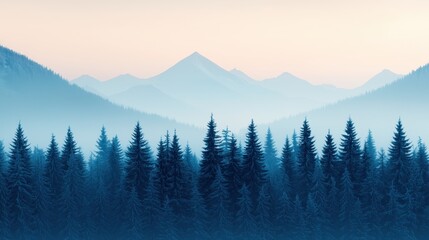 Obraz premium Serene Landscape of Majestic Mountains Surrounded by Dense Evergreen Forests in a Misty Sunrise Atmosphere, Capturing Nature's Tranquility and Beauty