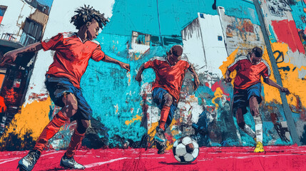 Fototapeta premium Soccer game in action. Young black boys playing in the street, walls covered with graffiti, cartoon style. 