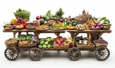 Wooden cart overflowing with colorful fruits and vegetables.