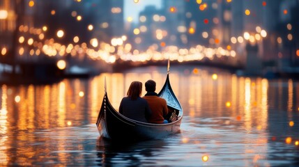 Obraz premium A couple enjoys a serene gondola ride in Venice at twilight, surrounded by twinkling city lights and calm waters, encapsulating romance and intimate connection.