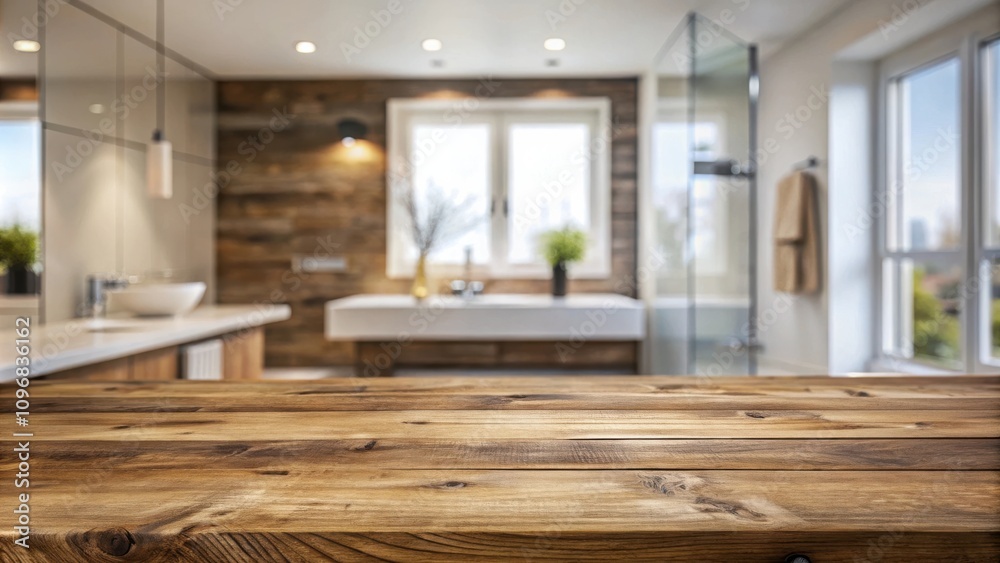 Poster rustic wooden tabletop with a blurred background of a modern bathroom with a window and shower