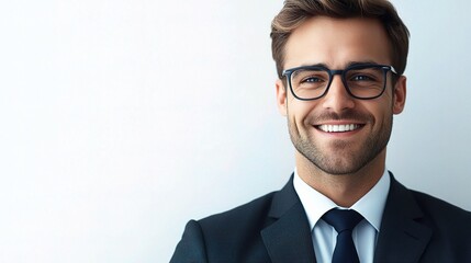 Professional American Businessman in Formal Attire with Glasses, Smiling Confidently Against a Clean Background for Corporate and Business Use