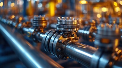 Industrial Piping System: Close-up of Valves and Connections in a Refinery or Chemical Plant