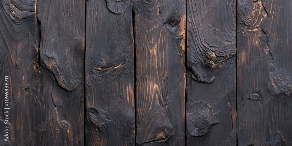 Poster A close-up of textured, dark wooden planks featuring unique grain patterns and knots, creating a rustic and natural appearance.